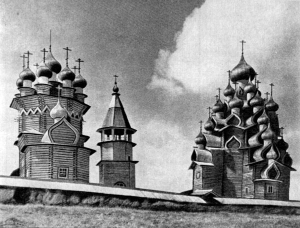 190. Ансамбль Кижского погоста (слева направо): Покровская церковь (1764), колокольня (1874), Преображенская церковь (1714)