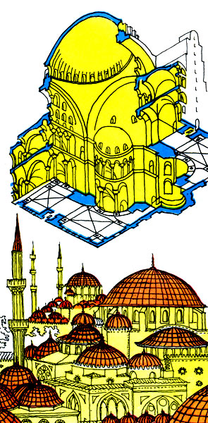  Купола св. Софии Константинопольской создают необыкновенный эффект парящего перекрытия в интерьере гигантского собора 
