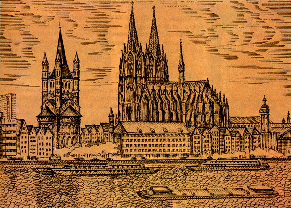 Романский (слева) и готический стили соседствуют в Кёльне, на берегу Рейна