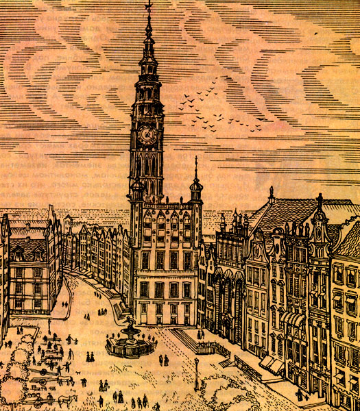  Сочетание различных зданий в застройке старого города. Рыночная площадь с ратушей в Гданьске (ПНР)