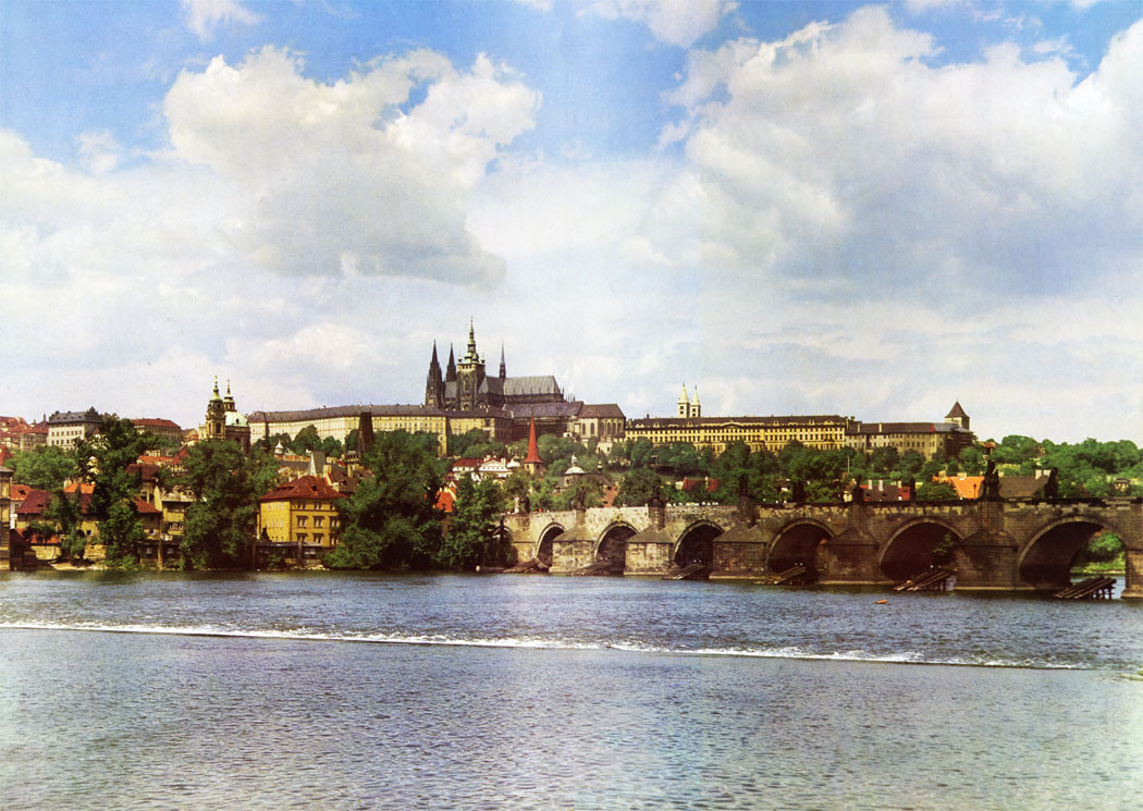 The panorama of Prague Castle as seen from the Smetana Embankment is inseparably linked ith the River Vltava and Charles Bridge. The southern front of the Castle was given a unified appearance during buildirlg alterations undertaken in the years 1753 to 1775 to a design by Nicolo Pacassi.

