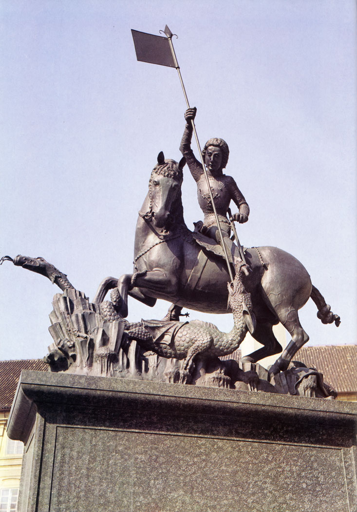 The equestrian statue of St. George on the third courtyard of Prague Castle dates from c. 1373. It is the work of George and Martin of Cluj.