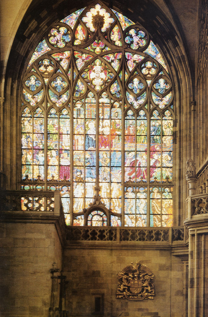The main window of the southern transept of St. Vitus's Cathedral was completed by architect Kamil Hilbert in 1916. Its glass dates from 1939 and was made to a colour design by Max Svabinsky; it depicts the Last Judgment.