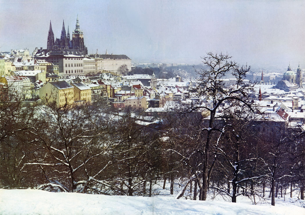 The view of Prague from the Strahov Gardens stresses the size of the town, whose medieval core assumed its final shape in the second half of the 14th century with the foundation of the New Town of Prague (Nove Mesto). At that time Prague was one of the biggest towns in Europe north of the Alps with imposing buildings confined within its Gothic defence works.