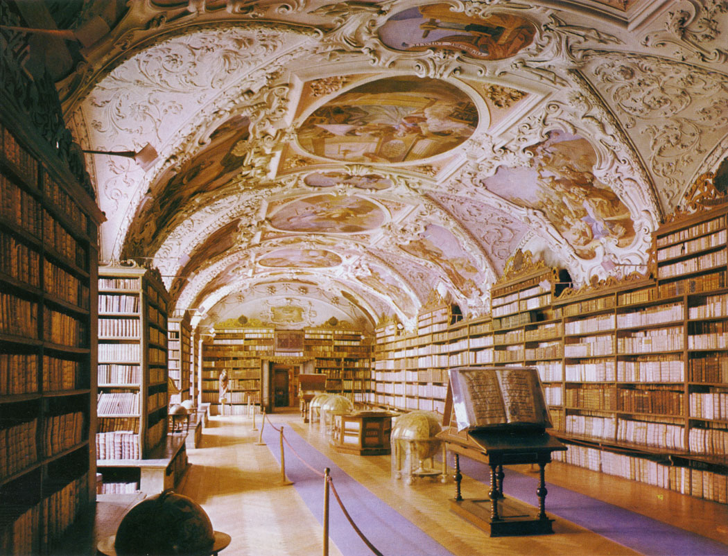The Theological Hall of the Strahov Library was built by Domenico Orsi in the years 1671 - 1679. The ceiling frescos are the work of the monastery painter S. Nosecky and date from 1723-1727. The Strahov Library, today part of the Museum of National Literature, was the largest monasterial library in the Czech Lands. Many rare manuscripts, incunabula and early prints have survived in it.