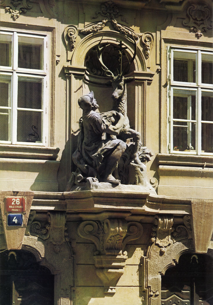'Two great artists of Prague Baroque joined in the reconstruction of the house At the Golden Stag (dum U zlateho jelena) in Tomasska Street: architect K. I. Dienzenhofer altered the house in 1725-1726 and .sculptor Ferdinand Maxmilian Brokof made the statue of the Revelation of St. Hubert for the fagade.
