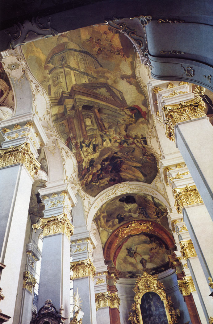 While the Gothic exterior of St. Giles's was many times altered in subsequent centuries, the interior of the church was restyled in Baroque after 1733. At that time V. V. Reiner decorated the vaulting with frescos.