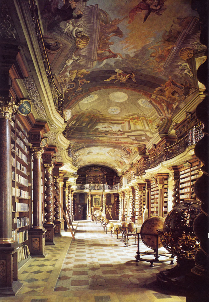 Building construction on the Clementinum (Klementinum), showing the immense influence and wealth of the Jesuit Order at the time after the Battle of the White Mountain, was roughly finished by the middle of the 17th century, but work continued into the following decades. The building of the Baroque library hall falls into the period of activity of archi­tect F, M. Kanka in the twenties of the 18th century, and the ceiling is the work of Jan Hiebl (1727).