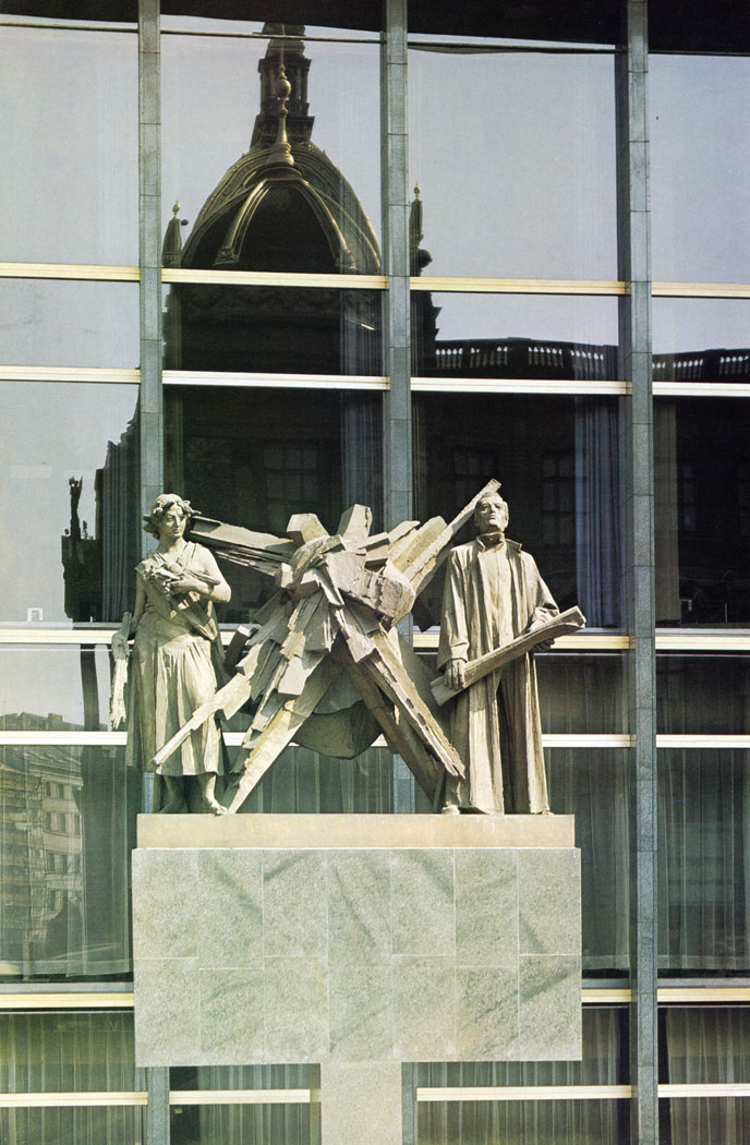 The sculpture by Vincenc Makovsky 'New Age' adorns the glass front of the building of the Federal Assembly. It was made for the Czech pavilion at Expo 58 in Brussels.
