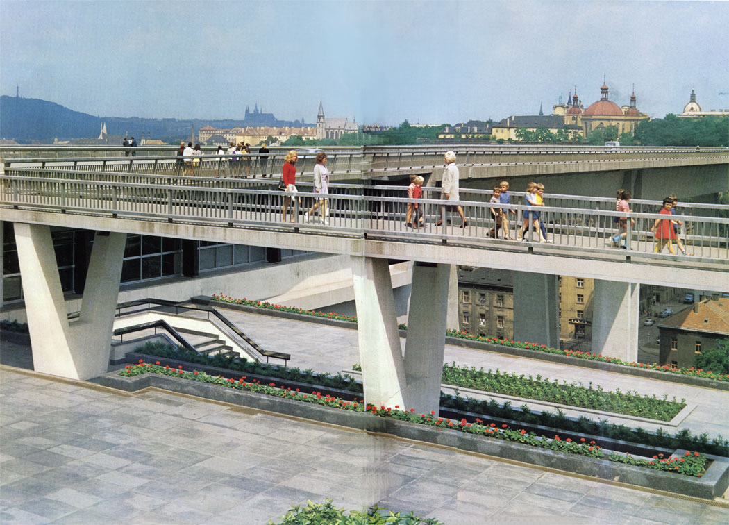 The dual-level bridge across the Nusle Valley, 485 m. long and 26 m. wide, with a tunnel for Metro trains on the lower level, was built in the years 1965-1973 and named, during the festive inauguration on 25 February 1974, for Klement Gottwald. The final project was made by Stanislav Hubicka and his team.