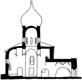 Псков. Рожденственский собор Снетогорского монастыря. Продольный разрез